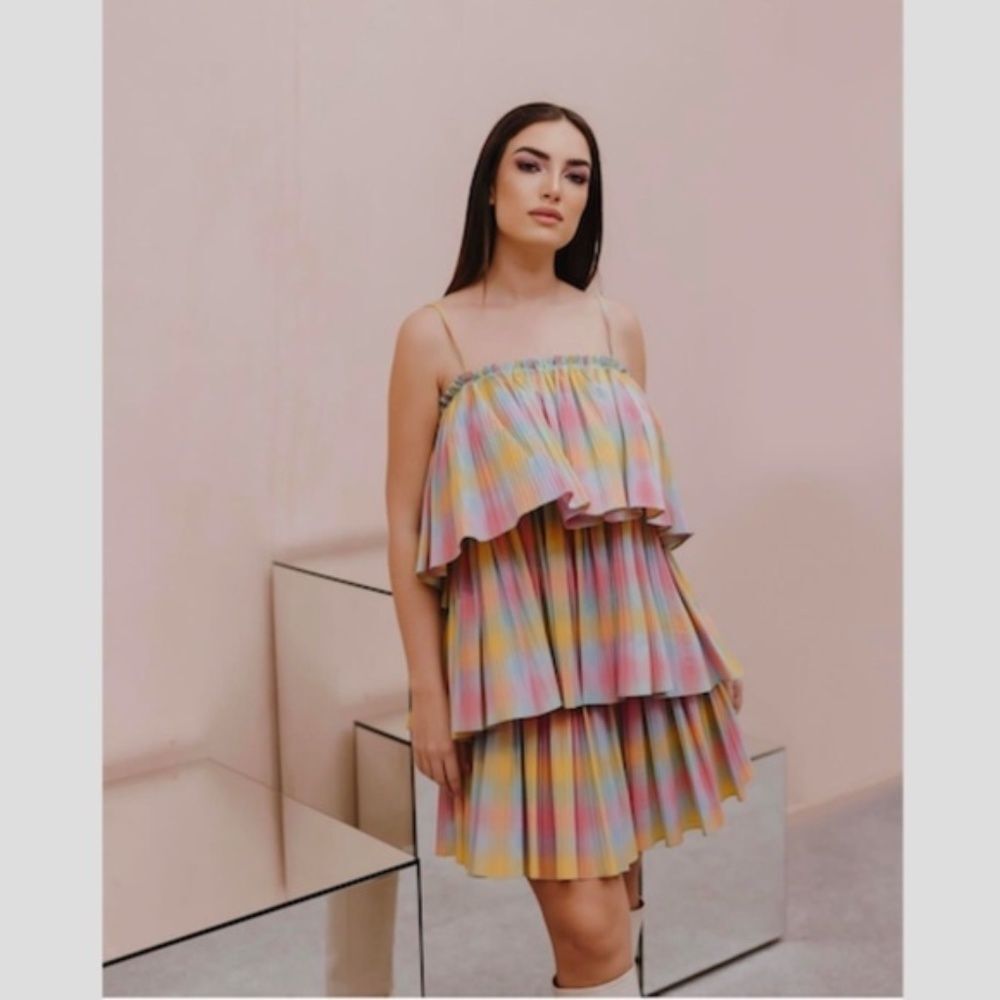 Anthro Beatrice B Tiered Babydoll Dress 6 NWT Pastel Rainbow